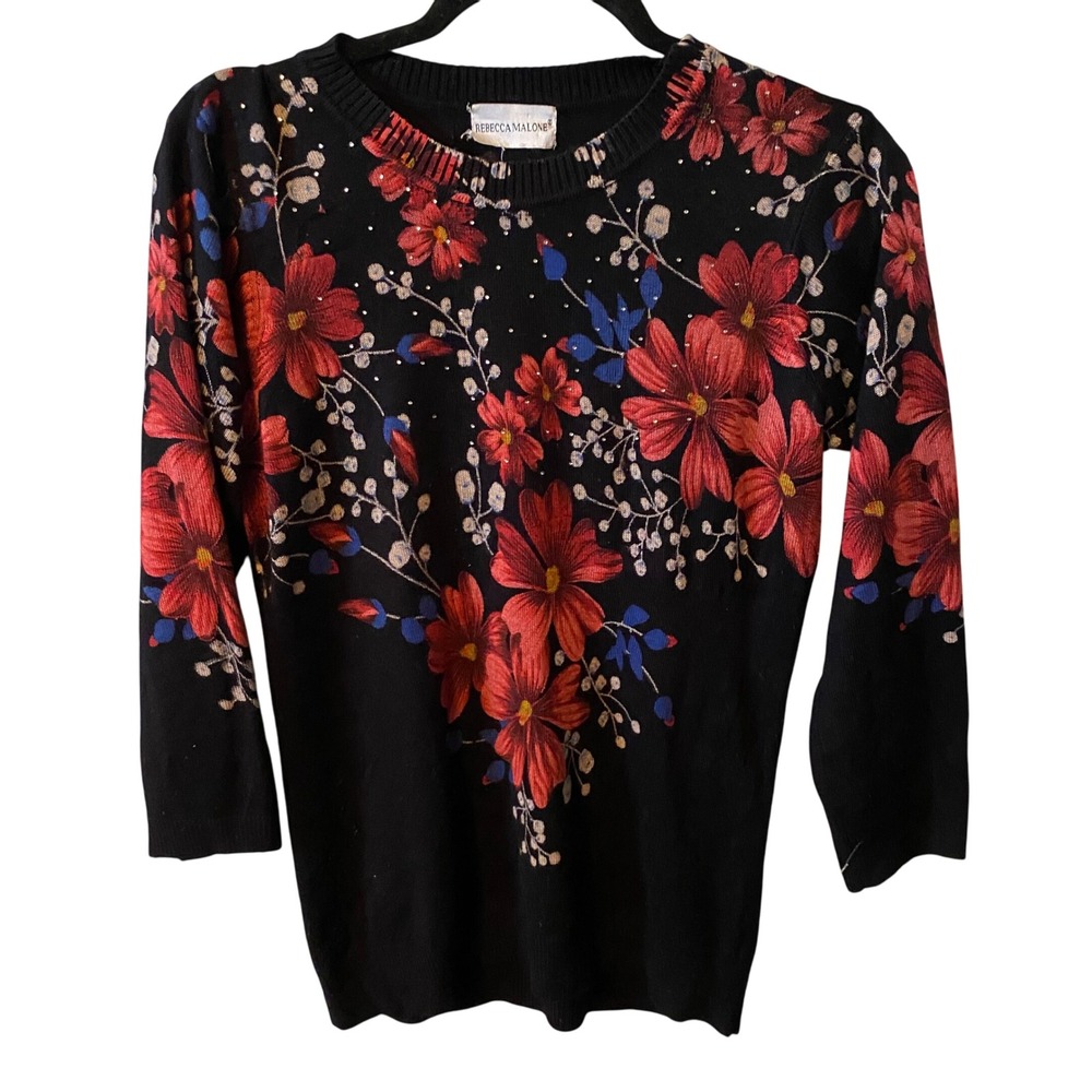 VTG Rebecca Malone Black‎ Floral Rhinestone Knit Sweater Top 3/4 Sleeve Women's